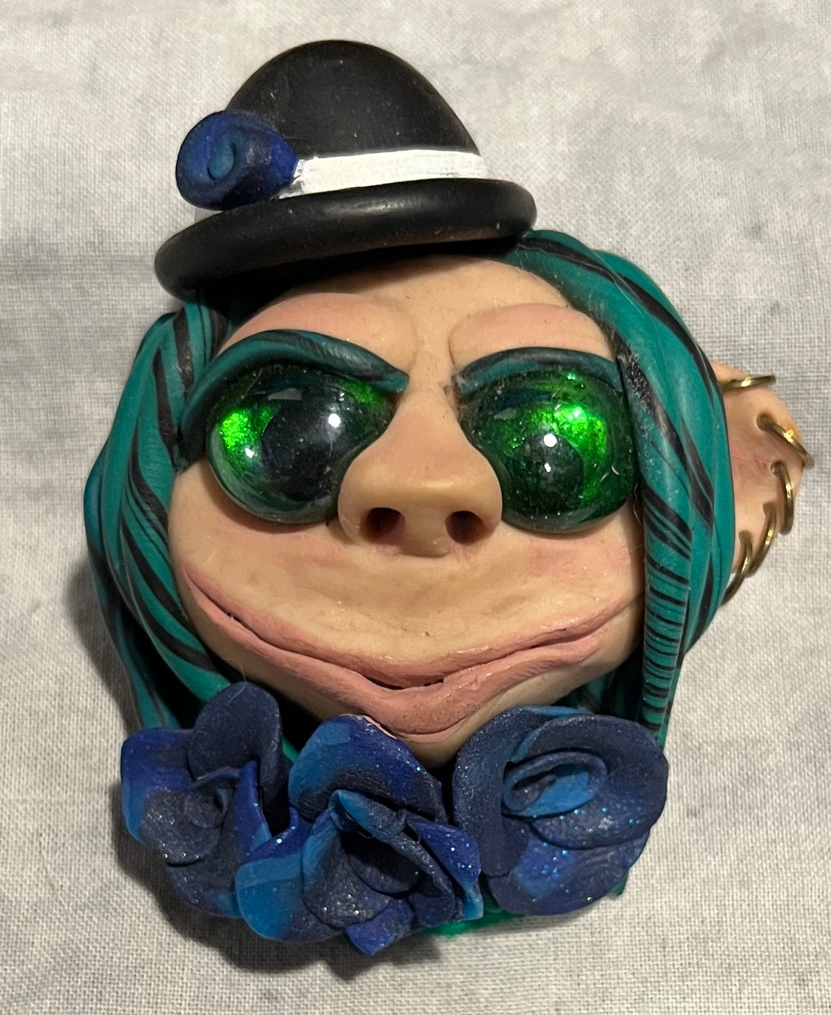 Goblinglo handmade character brooch front view