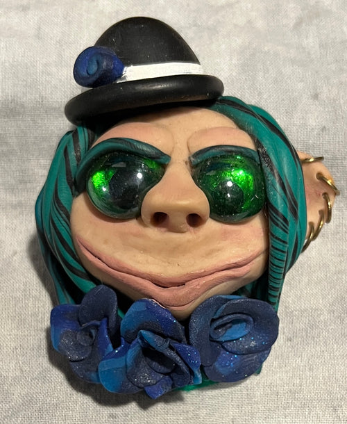 Goblinglo handmade character brooch front view