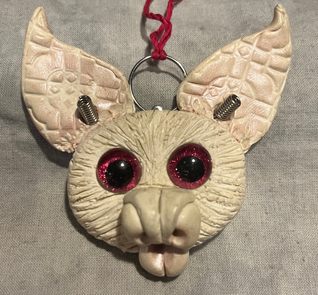 Lilly the albino bat original handmade sculpted pendant, front view